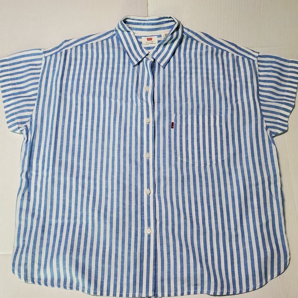 Levi's Tops - Levis Shirt Womens M Blue White Stripe Button Up Viscose Blend Short Sleeve